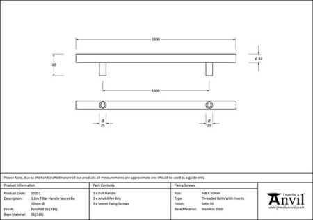 From the Anvil Polished Marine SS (316) 1.8m T Bar Handle Secret Fix 32mm Ø - Image 2