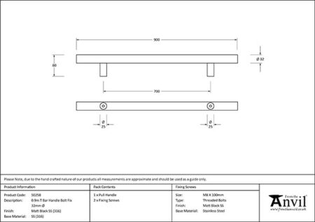From the Anvil Matt Black SS (316) 0.9m T Bar Handle Bolt Fix 32mm Ø - Image 2