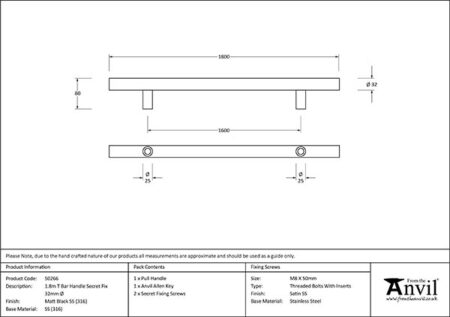 Matt Black SS (316) 1.8m T Bar Handle Secret Fix 32mm Ø | 50266 - Image 2