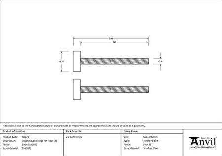 Satin SS (304) 100mm Bolt Fixings for T Bar (2) | 50271 - Image 2
