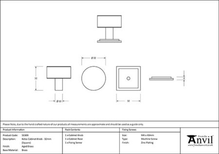 Aged Brass Kelso Cabinet Knob - 32mm (Square) | 50309 - Image 2