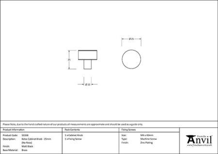 Matt Black Kelso Cabinet Knob - 25mm (No rose) | 50338 - Image 2
