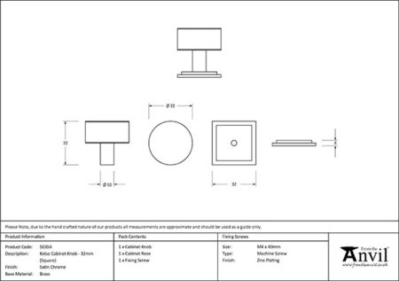 Satin Chrome Kelso Cabinet Knob - 32mm (Square) | 50354 - Image 2