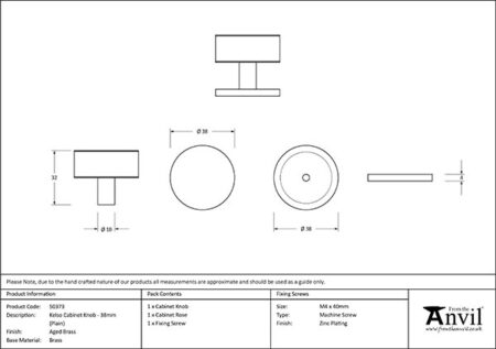 Aged Brass Kelso Cabinet Knob - 38mm (Plain) | 50373 - Image 2