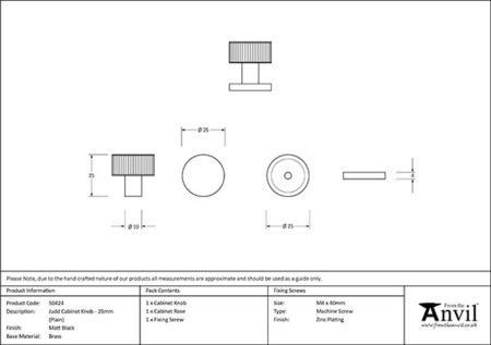 Matt Black Judd Cabinet Knob - 25mm (Plain) | 50424 - Image 2