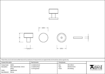 Aged Bronze Kelso Cabinet Knob - 25mm (Plain) | 50436 - Image 2