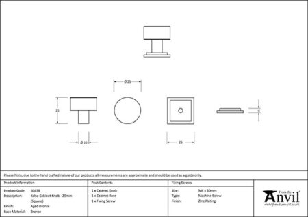 Aged Bronze Kelso Cabinet Knob - 25mm (Square) | 50438 - Image 2