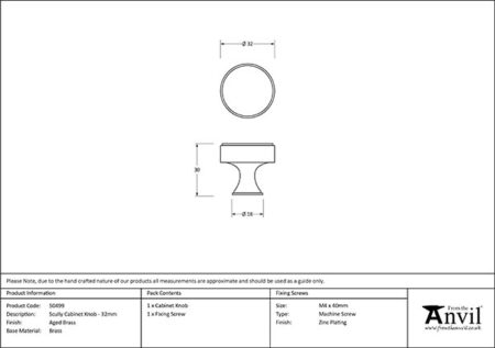Aged Brass Scully Cabinet Knob - 32mm | 50499 - Image 2