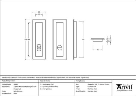 Satin Chrome 175mm Art Deco Rectangular Pull - Privacy Set | 50640 - Image 2