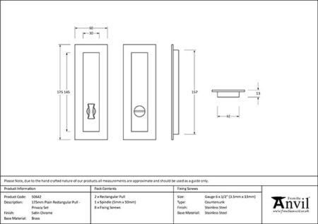 Satin Chrome 175mm Plain Rectangular Pull - Privacy Set | 50642 - Image 2