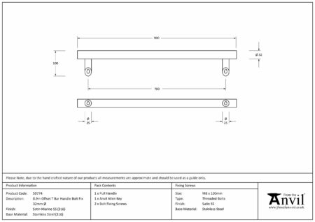 Satin Marine SS (316) 0.9m Offset T Bar Handle Bolt Fix 32mm Ø | 50774 - Image 2