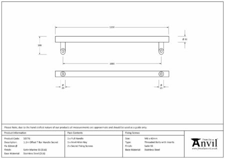 Satin Marine SS (316) 1.2m Offset T Bar Handle Secret Fix 32mm Ø | 50776 - Image 2