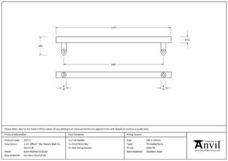 Satin Marine SS (316) 1.2m Offset T Bar Handle Bolt Fix 32mm Ø | 50777 - Image 2
