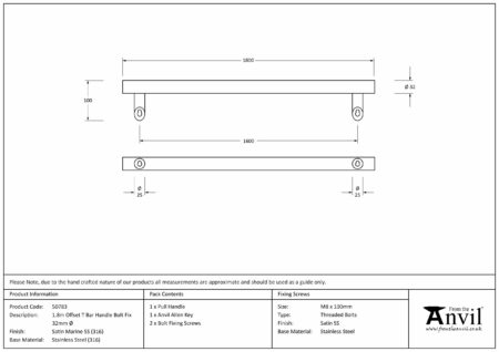 Satin Marine SS (316) 1.8m Offset T Bar Handle Bolt Fix 32mm Ø | 50783 - Image 2