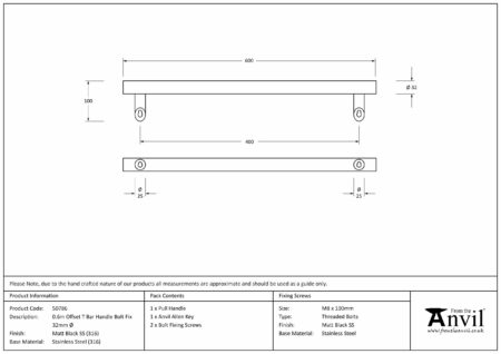 Matt Black SS (316) 0.6m Offset T Bar Handle Bolt Fix 32mm Ø | 50786 - Image 2