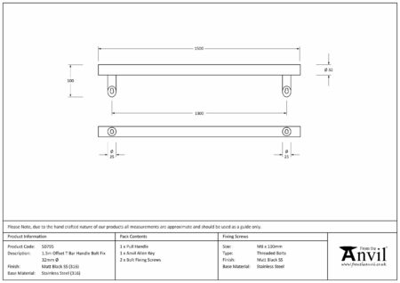 Matt Black SS (316) 1.5m Offset T Bar Handle Bolt Fix 32mm Ø | 50795 - Image 2