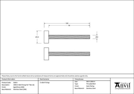 Aged Brass (304) 100mm Bolt Fixings for T Bar (2) | 50815 - Image 2