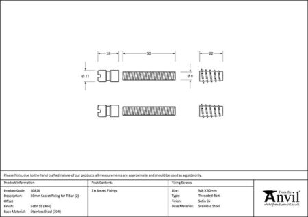 Satin SS (304) 50mm Secret Fixings for T Bar (2) - Offset | 50816 - Image 2
