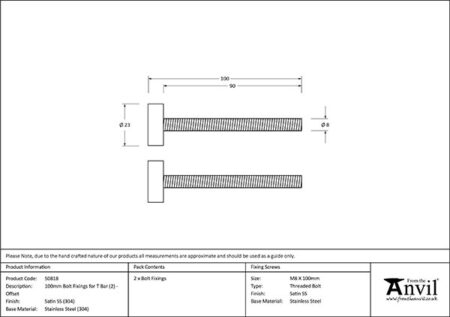 Satin SS (304) 100mm Bolt Fixings for T Bar (2) - Offset | 50818 - Image 2