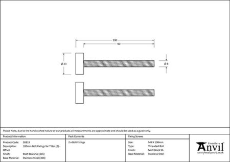 Matt Black SS (304) 100mm Bolt Fixings for T Bar (2) - Offset | 50819 - Image 2