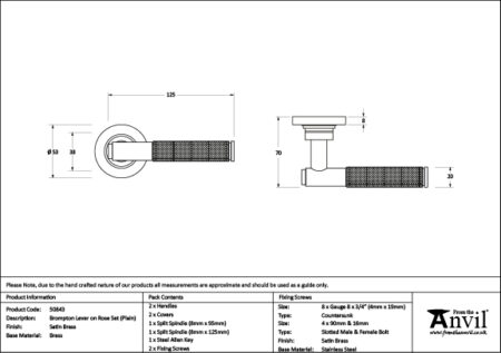 Satin Brass Brompton Lever on Rose Set (Plain) | 50843 - Image 2