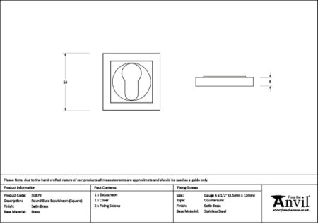 Satin Brass Round Euro Escutcheon (Square) | 50879 - Image 2