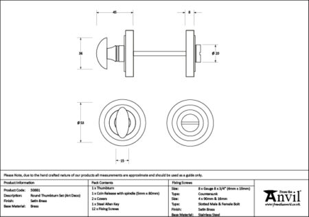 Satin Brass Round Thumbturn Set (Art Deco) | 50881 - Image 2