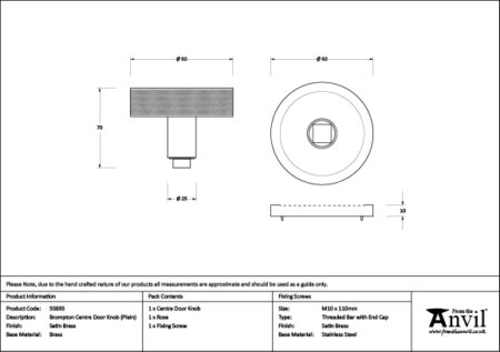 Satin Brass Brompton Centre Door Knob (Plain) | 50893 - Image 2