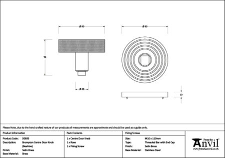 Satin Brass Brompton Centre Door Knob (Beehive) | 50895 - Image 2