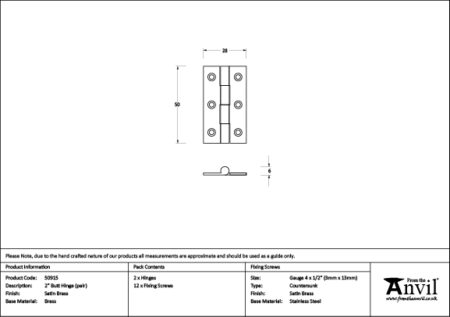 From the Anvil Satin Brass 2" Butt Hinge (pair) - Image 2