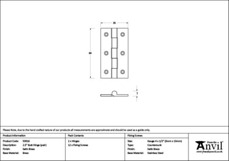 From the Anvil Satin Brass 2.5" Butt Hinge (pair) - Image 2