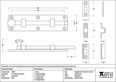 From the Anvil Satin Brass 6" Universal Bolt - Image 2