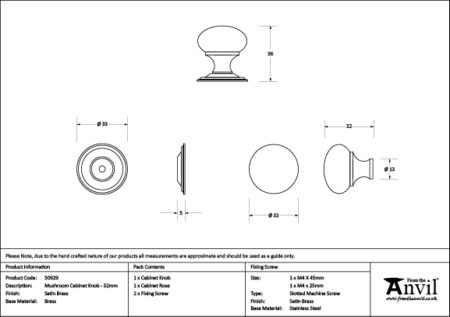 Satin Brass Mushroom Cabinet Knob 32mm | 50929 - Image 2