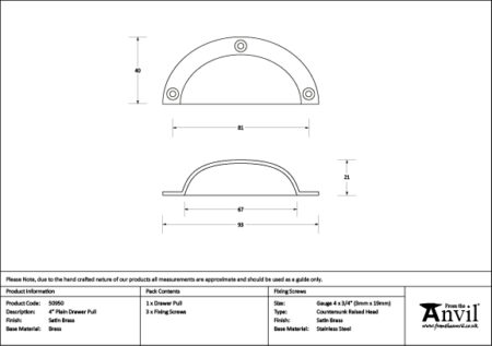 From the Anvil Satin Brass 4" Plain Drawer Pull - Image 2