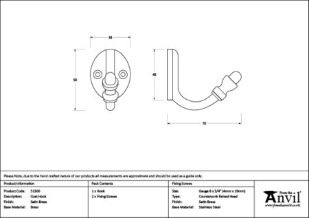 Satin Brass Coat Hook | 51300 - Image 2