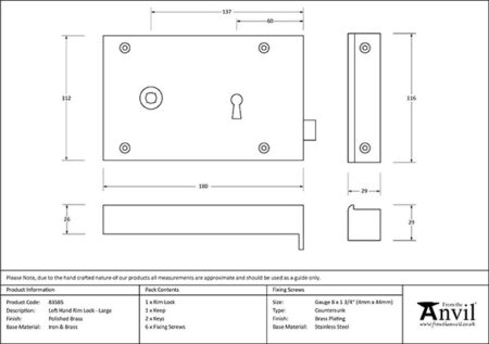 Polished Brass Left Hand Rim Lock - Large | 83585 - Image 2