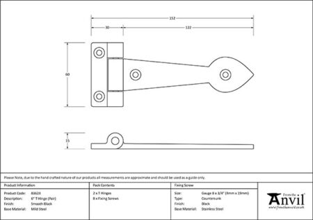 Black Smooth 6" Cast T Hinge (pair) | 83624 - Image 2