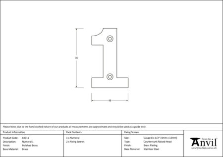 Polished Brass Numeral 1 | 83711 - Image 2