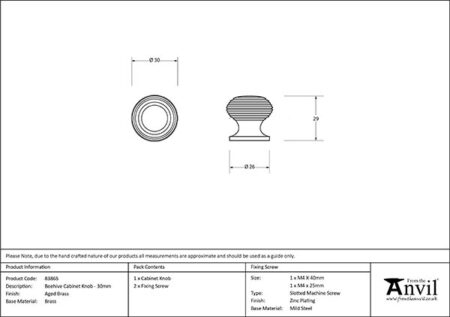 Aged Brass Beehive Cabinet Knob 30mm | 83865 - Image 2