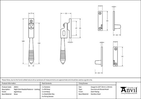 Aged Brass Night-Vent Locking Reeded Fastener | 83911 - Image 2