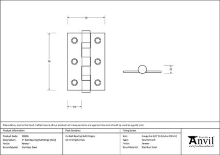 Pewter 3" Ball Bearing Butt Hinge (Pair) ss | 90026 - Image 2