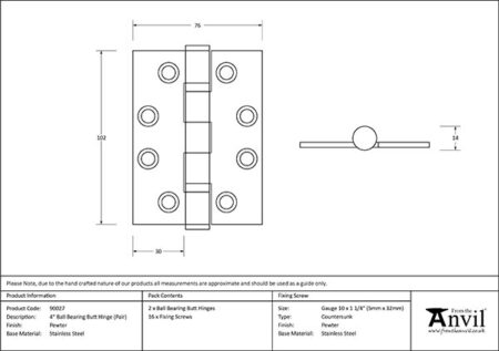 Pewter 4" Ball Bearing Butt Hinge (Pair) ss | 90027 - Image 2