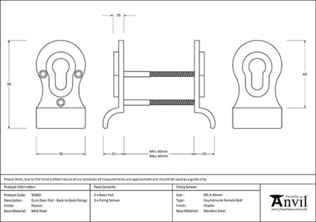 Pewter 50mm Euro Door Pull (Back to Back fixings) | 90040 - Image 2