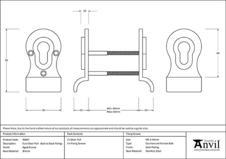 Aged Bronze 50mm Euro Door Pull (Back to Back fixings) | 90067 - Image 2