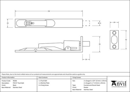 Black PVD Stainless Steel 6" Flush Bolt | 90266 - Image 2