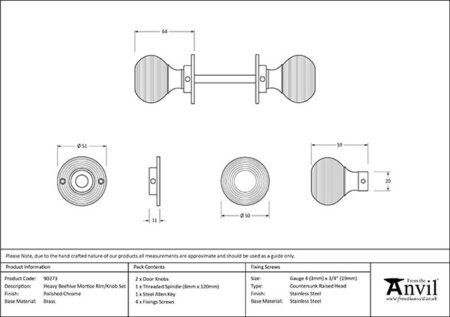 Polished Chrome Heavy Beehive Mortice/Rim Knob Set | 90273 - Image 2
