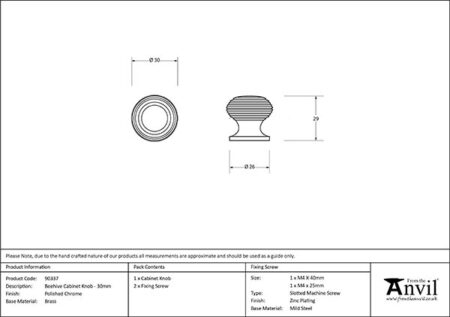 From the Anvil Polished Chrome Beehive Cabinet Knob 30mm - Image 2