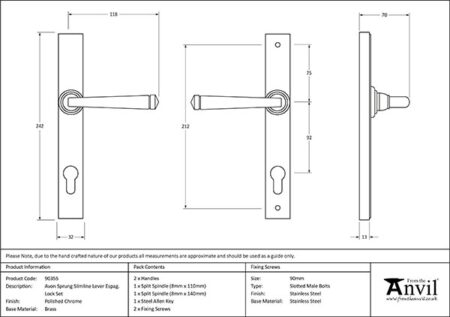 Polished Chrome Avon Slimline Lever Espag. Lock Set | 90355 - Image 2