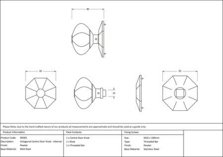 Pewter Octagonal Centre Door Knob - Internal | 90383 - Image 2