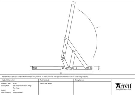 SS 12" Defender Friction Hinge - Top Hung | 91032 - Image 2